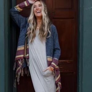 DAVI & DANI Blue and Red Fringe Cardigan